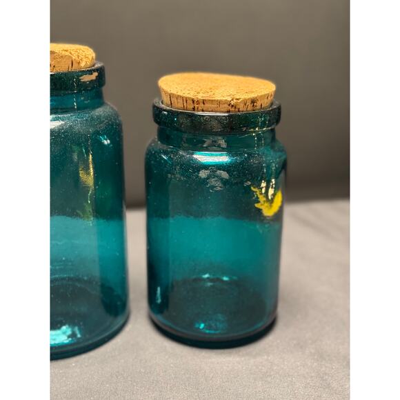 Set of 3 Vintage Teal Glass Jars with Original Cork Stoppers–6.5", 7.5", 8" Tall - Picture 4 of 12